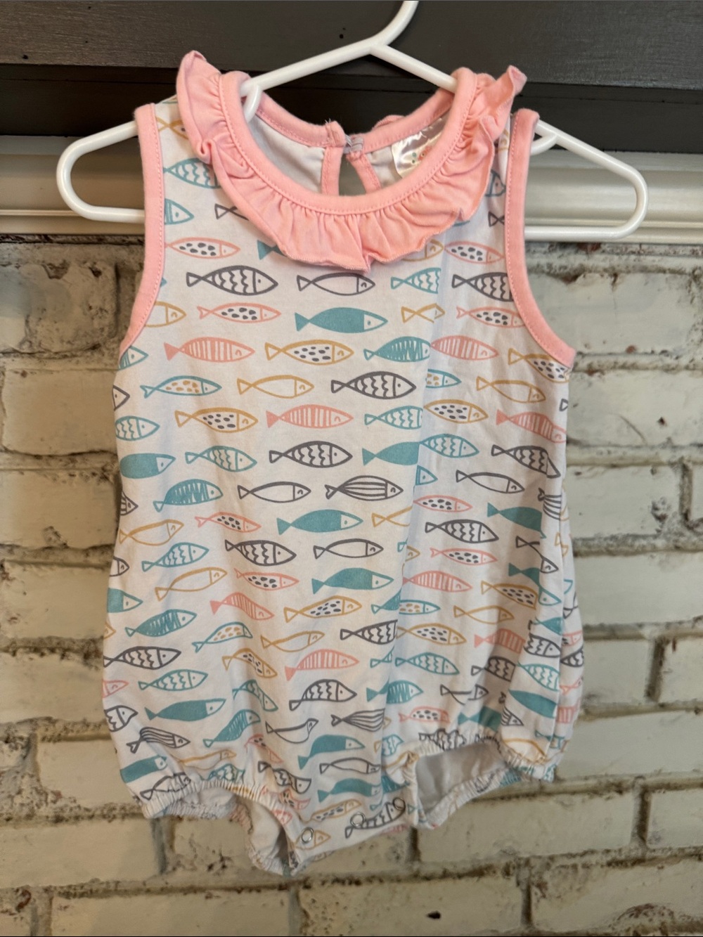 Stitchy Fish Toddler Fish-Print Ruffle Neck Romper - Pink & Teal